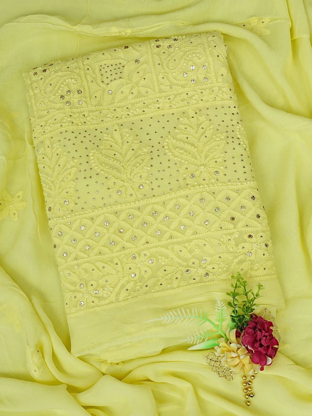 Ada Hand Embroidered Lemon Viscose Georgette Lucknowi Chikankari Unstitched Kurta Dupatta Set With Mukaish Work 01A815278