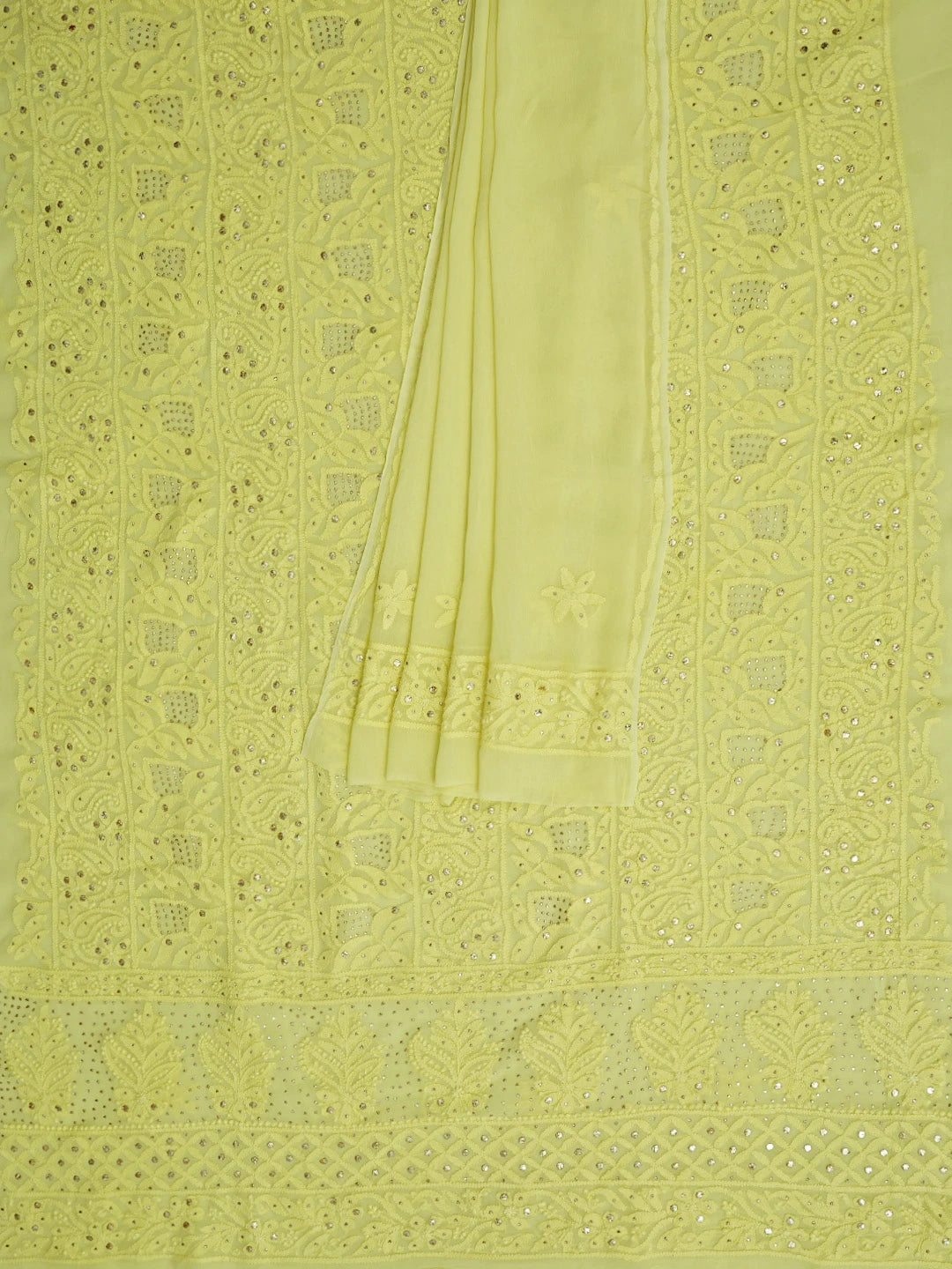 Ada Hand Embroidered Lemon Viscose Georgette Lucknowi Chikankari Unstitched Kurta Dupatta Set With Mukaish Work 01A815278