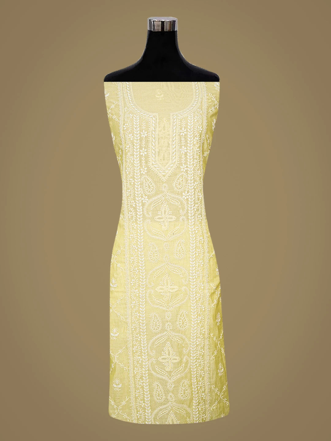 Ada Hand Embroidered Lemon Chanderi Lucknowi Chikankari Unstitched Kurta Dupatta Set 01A836879