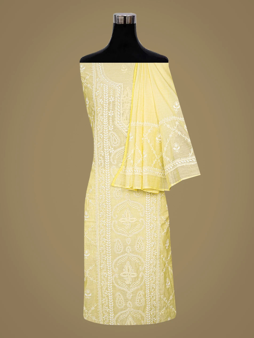 Ada Hand Embroidered Lemon Chanderi Lucknowi Chikankari Unstitched Kurta Dupatta Set 01A836879