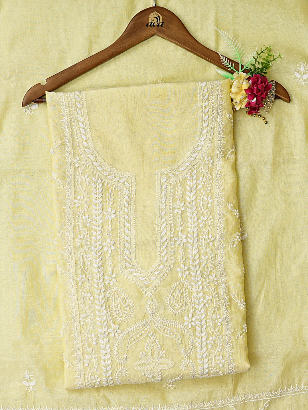 Ada Hand Embroidered Lemon Chanderi Lucknowi Chikankari Unstitched Kurta Dupatta Set 01A836879