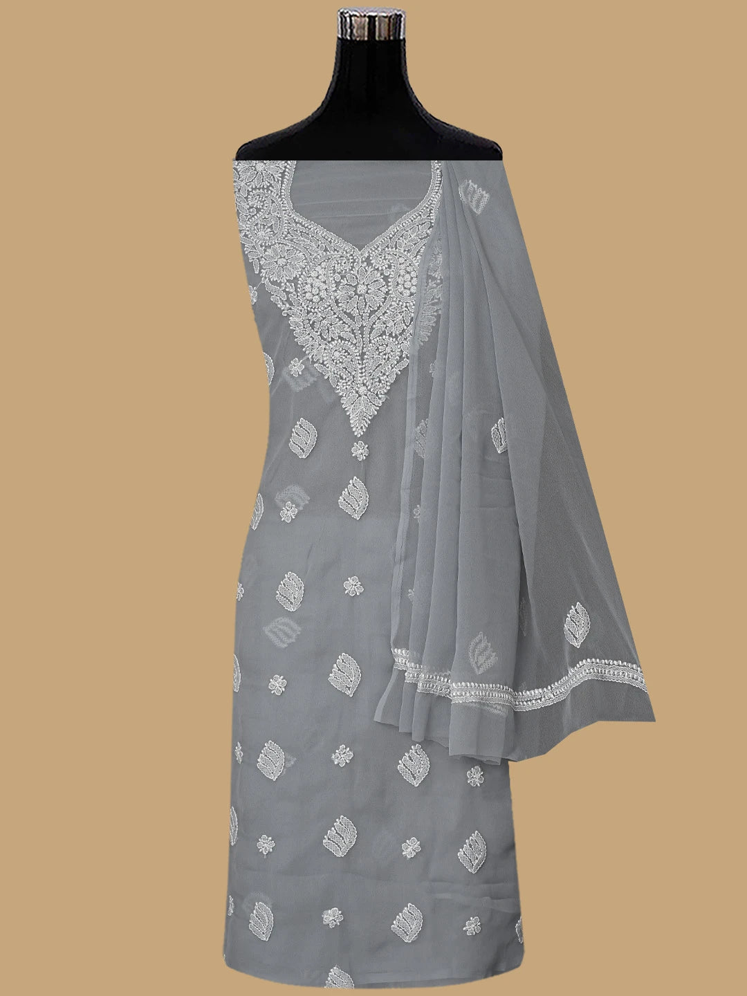 Ada Hand Embroidered Grey Georgette Lucknowi Chikankari Unstitched Suit Piece 01A866797