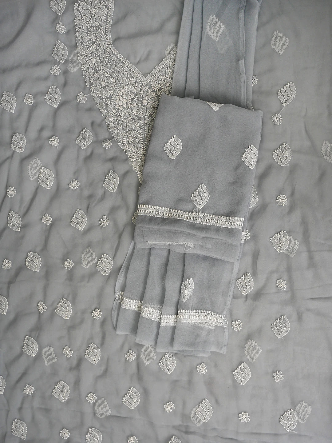 Ada Hand Embroidered Grey Georgette Lucknowi Chikankari Unstitched Suit Piece 01A866797
