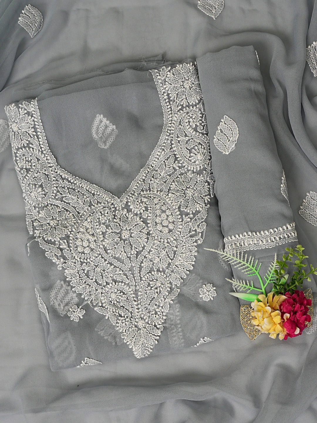 Ada Hand Embroidered Grey Georgette Lucknowi Chikankari Unstitched Suit Piece 01A866797