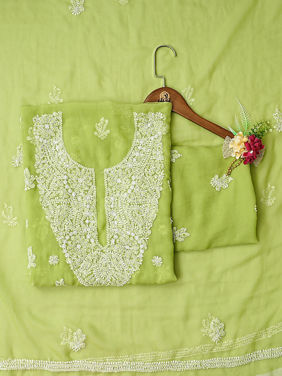 Ada Hand Embroidered Green Georgette Lucknowi Chikankari Unstitched Suit Piece 01A866781