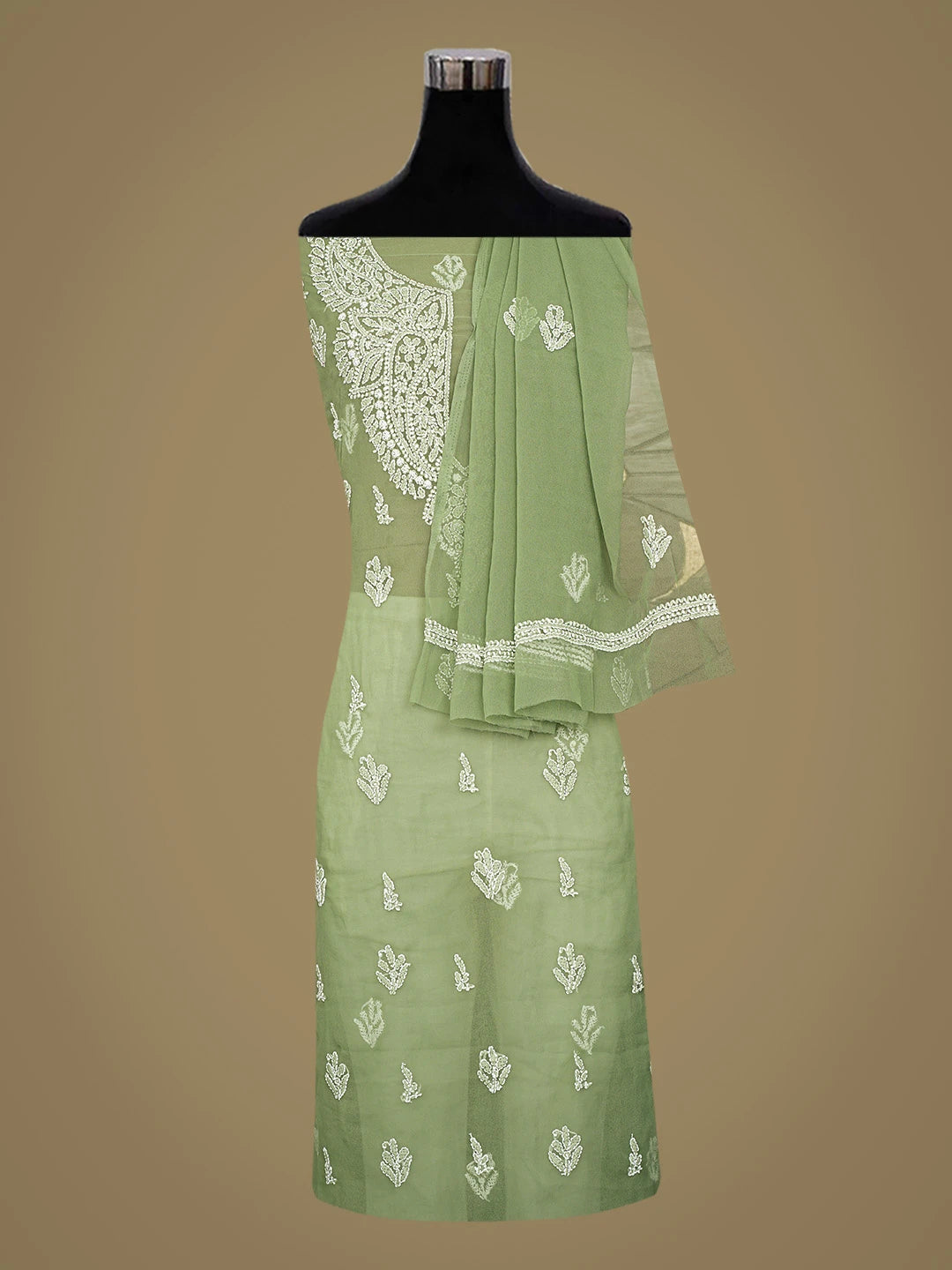 Ada Hand Embroidered Dark Green Georgette Lucknowi Chikankari Unstitched Suit Piece 01A866785