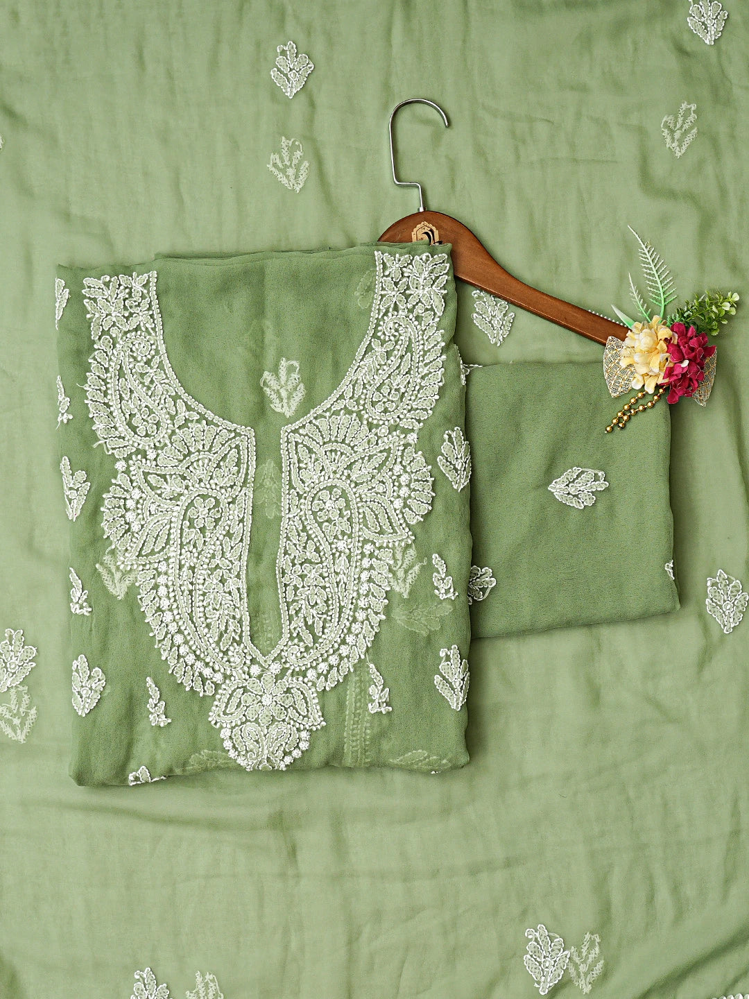 Ada Hand Embroidered Dark Green Georgette Lucknowi Chikankari Unstitched Suit Piece 01A866785