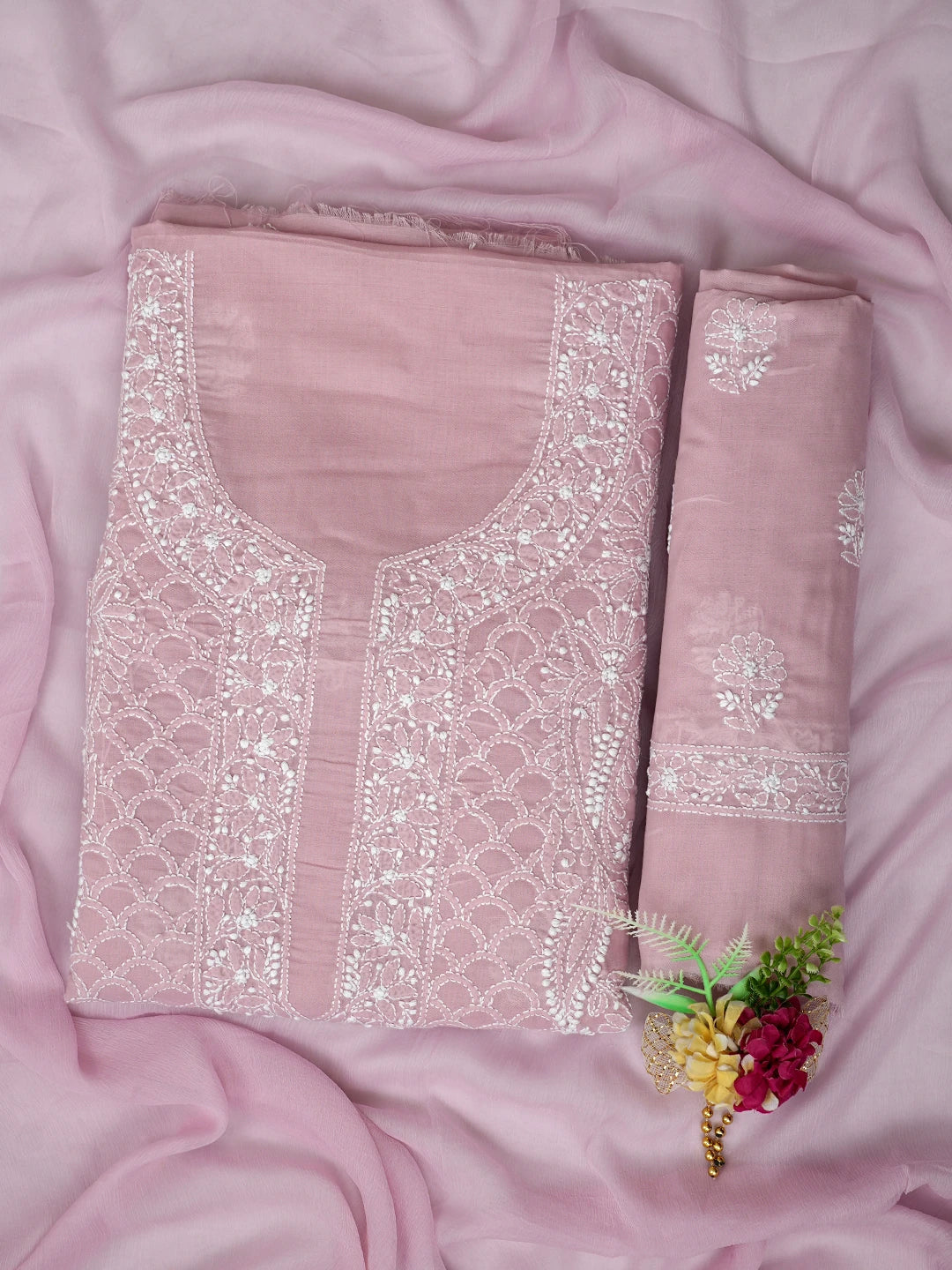 Ada Hand Embroidered Dusty Rose Pink Cotton Lucknowi Chikankari Unstitched Suit Piece 01A867482
