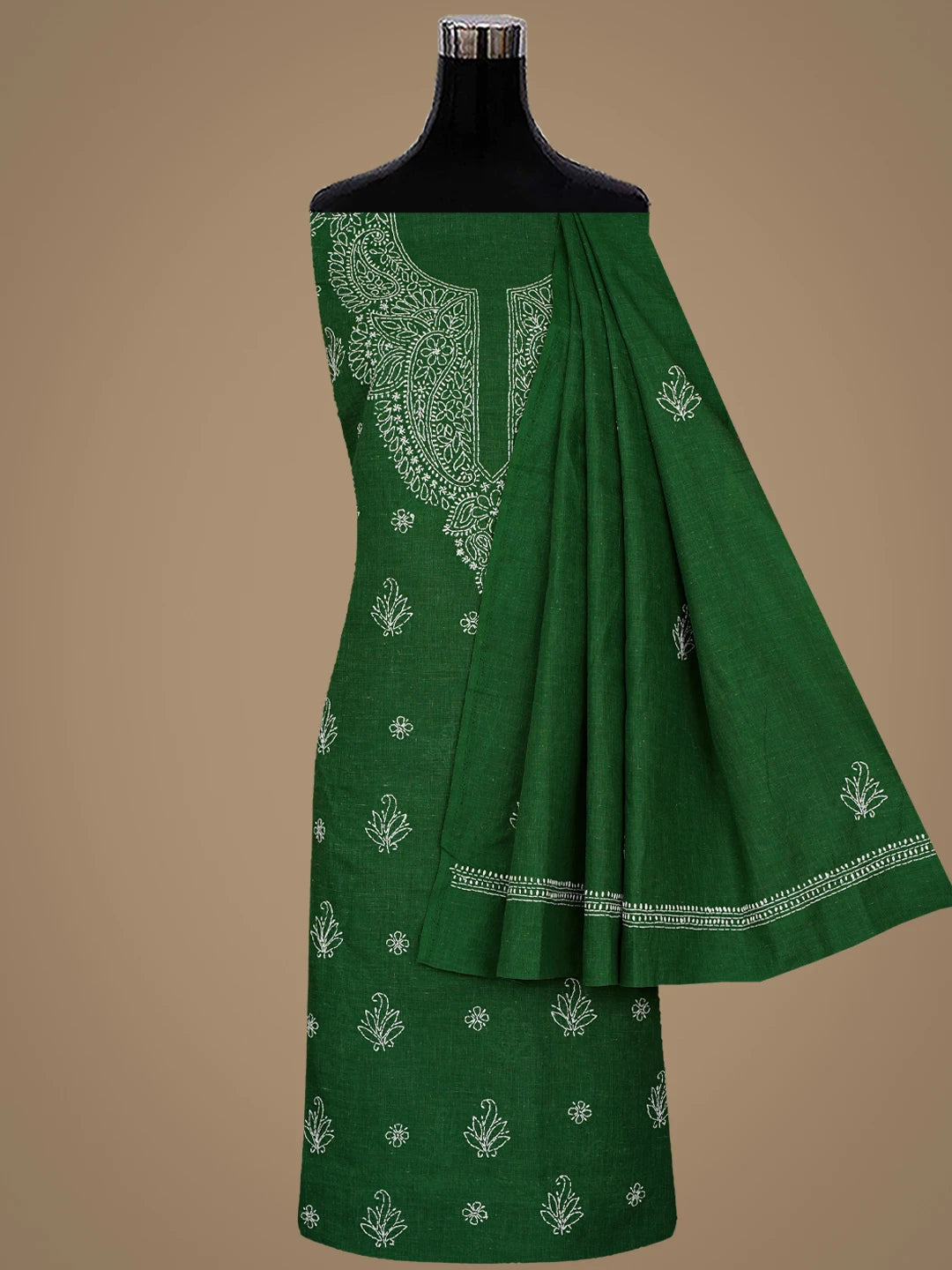 Ada Hand Embroidered Juniper Green Cotton Lucknowi Chikankari Unstitched Suit Piece 01A867048