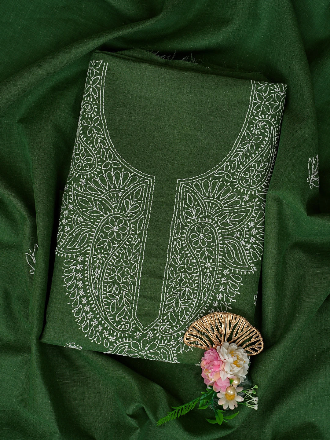 Ada Hand Embroidered Juniper Green Cotton Lucknowi Chikankari Unstitched Suit Piece 01A867048