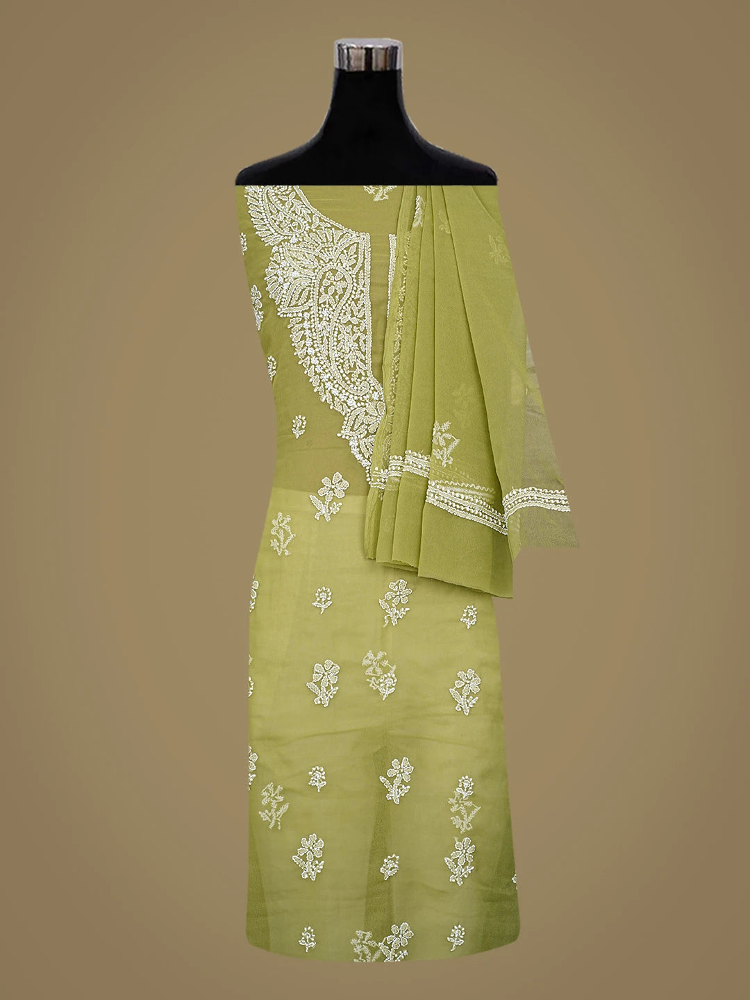 Ada Hand Embroidered Avocado Green Georgette Lucknowi Chikankari Unstitched Suit Piece 01A866783