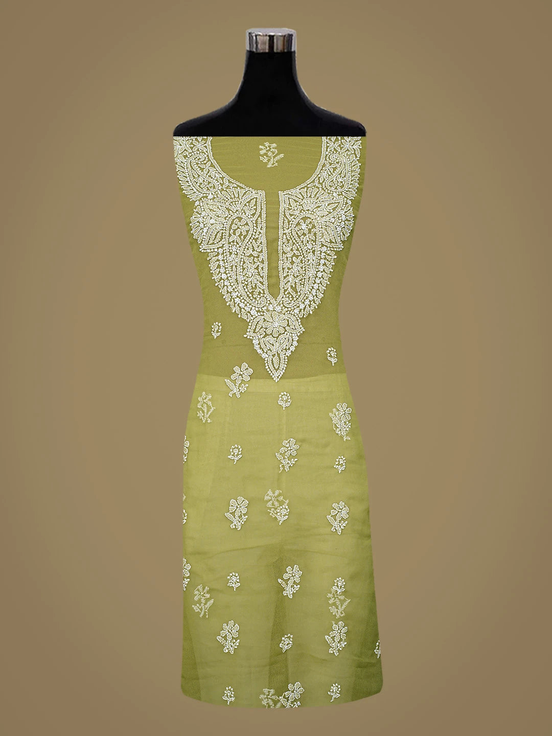 Ada Hand Embroidered Avocado Green Georgette Lucknowi Chikankari Unstitched Suit Piece 01A866783