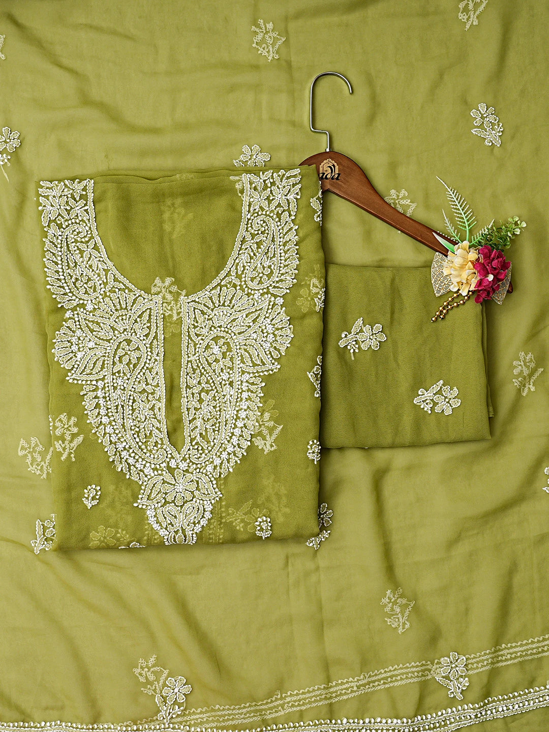 Ada Hand Embroidered Avocado Green Georgette Lucknowi Chikankari Unstitched Suit Piece 01A866783