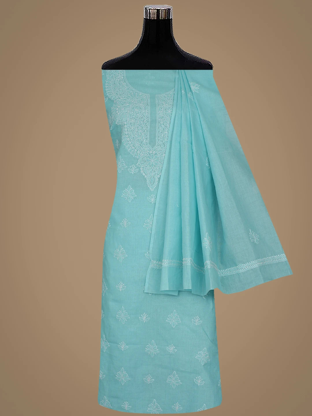 Ada Hand Embroidered Turquoise Blue Cotton Lucknowi Chikankari Unstitched Suit Piece 01A867096