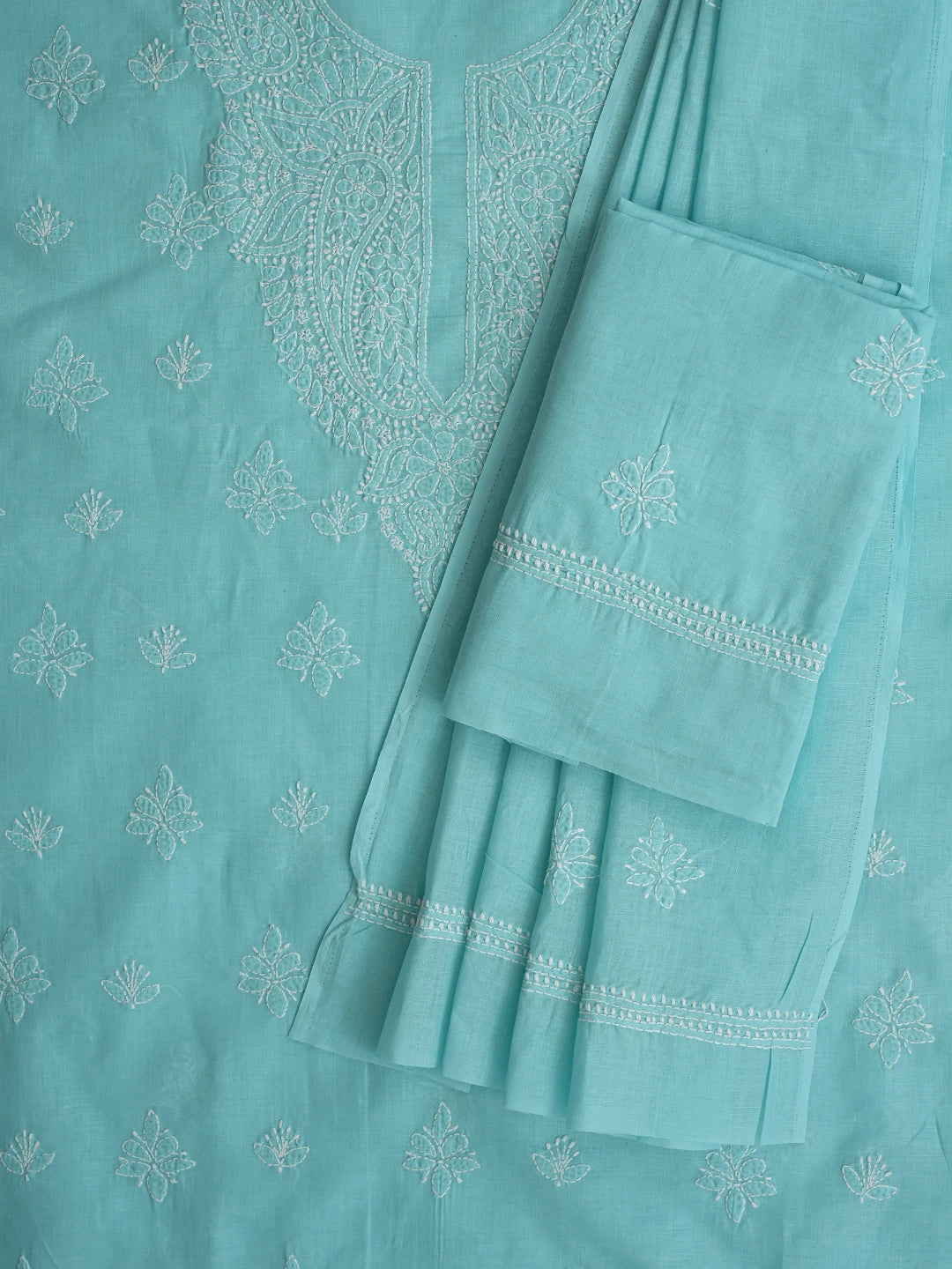 Ada Hand Embroidered Turquoise Blue Cotton Lucknowi Chikankari Unstitched Suit Piece 01A867096
