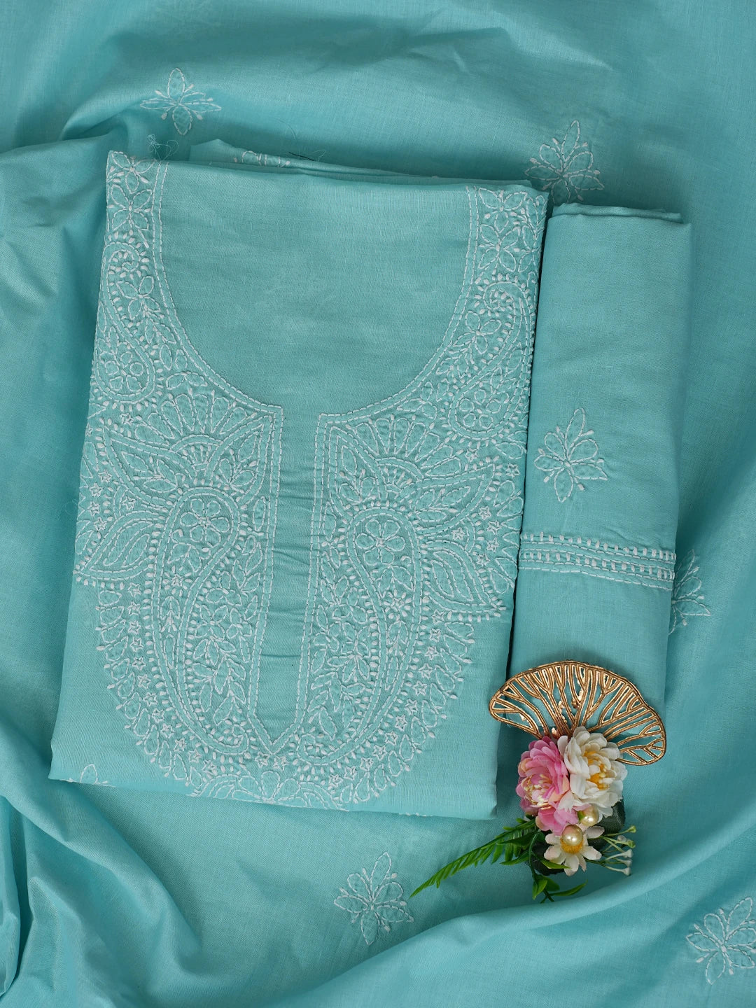 Ada Hand Embroidered Turquoise Blue Cotton Lucknowi Chikankari Unstitched Suit Piece 01A867096