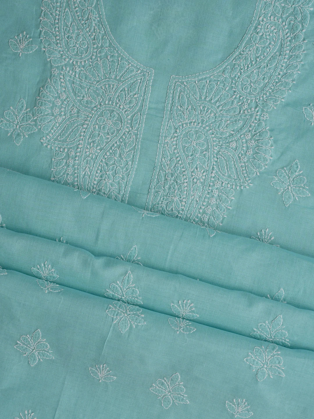 Ada Hand Embroidered Turquoise Blue Cotton Lucknowi Chikankari Unstitched Suit Piece 01A867096