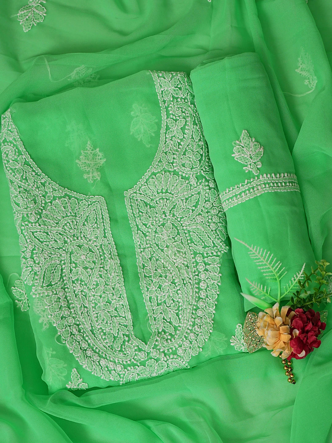 Ada Hand Embroidered Green Georgette Lucknowi Chikankari Unstitched Suit Piece 01A866780