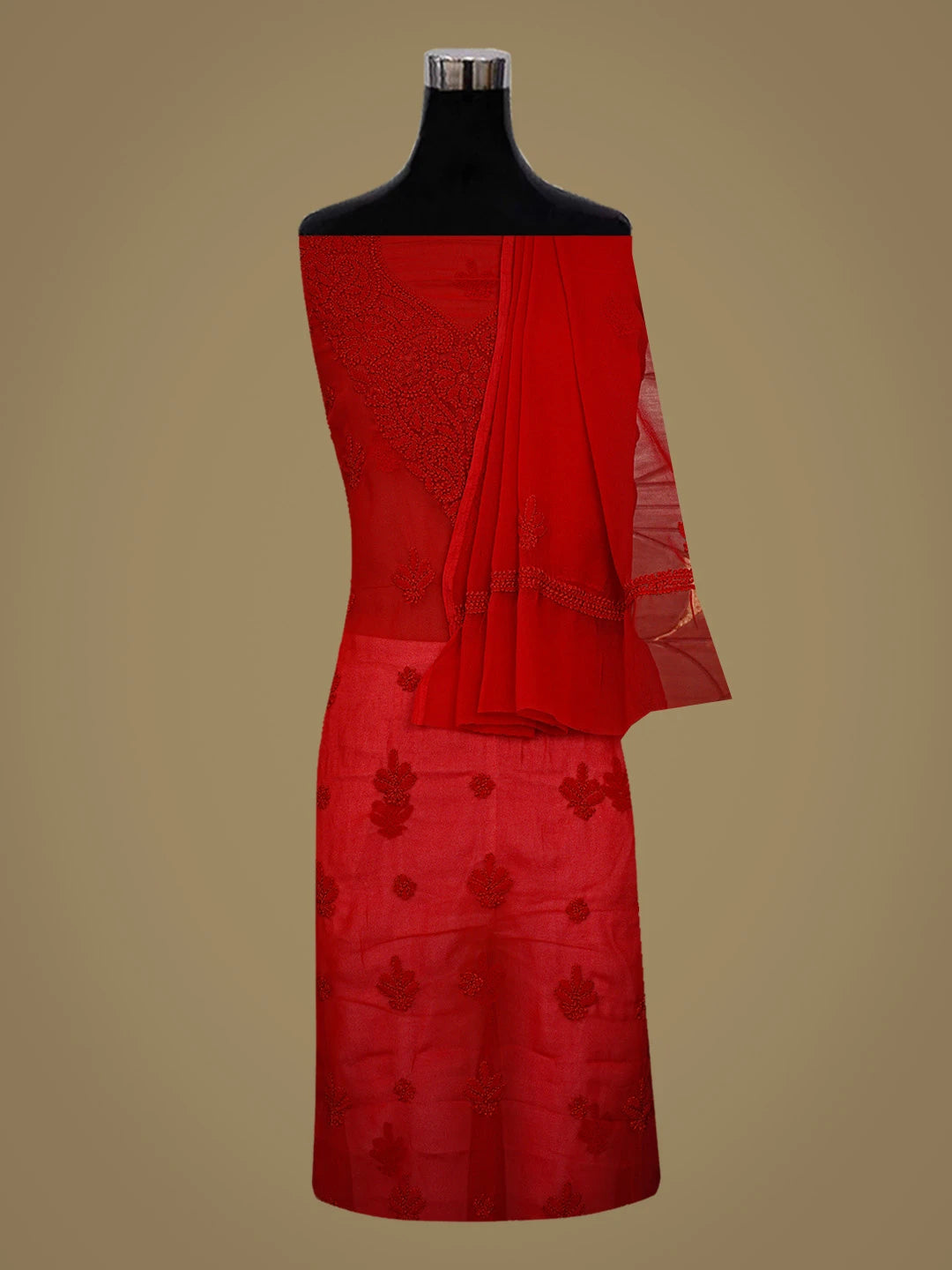Ada Hand Embroidered Red Georgette Lucknowi Chikankari Unstitched Suit Piece 01A866805