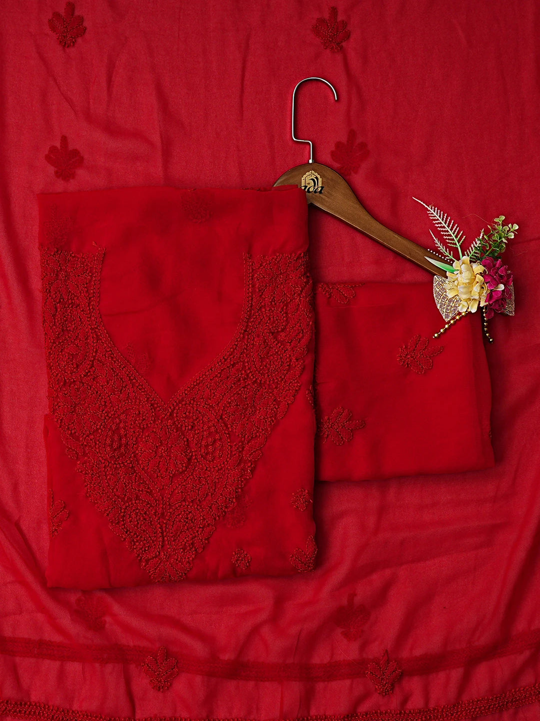 Ada Hand Embroidered Red Georgette Lucknowi Chikankari Unstitched Suit Piece 01A866805