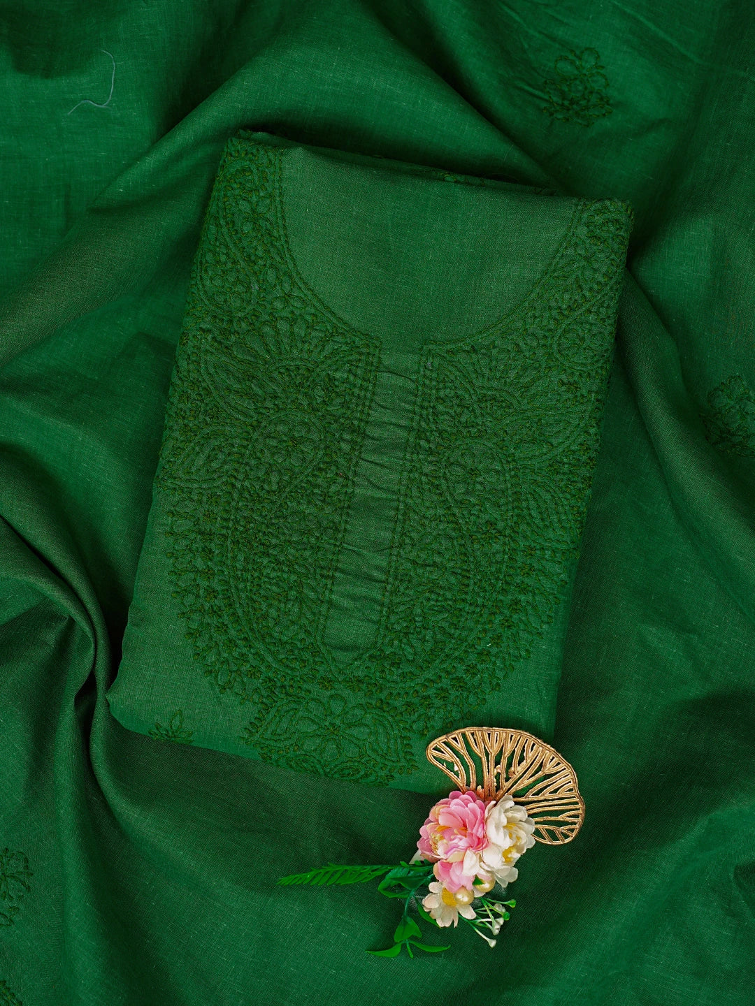 Ada Hand Embroidered Juniper Green Cotton Lucknowi Chikankari Unstitched Suit Piece 01A867049
