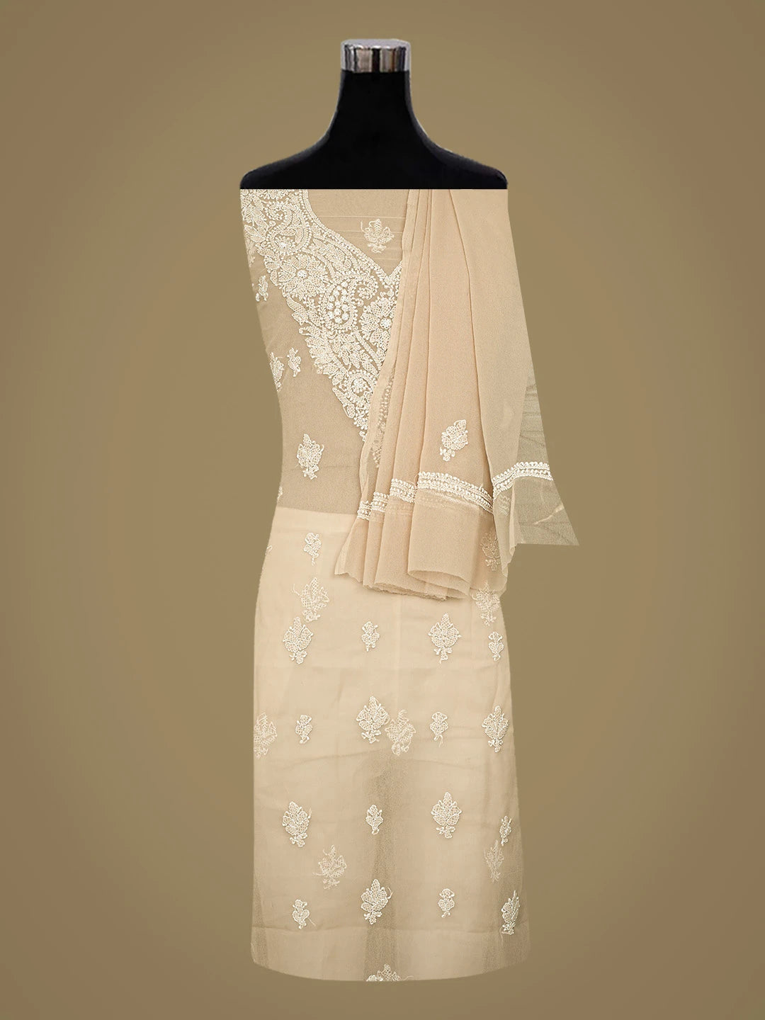 Ada Hand Embroidered Sand Fawn Georgette Lucknowi Chikankari Unstitched Suit Piece 01A866792