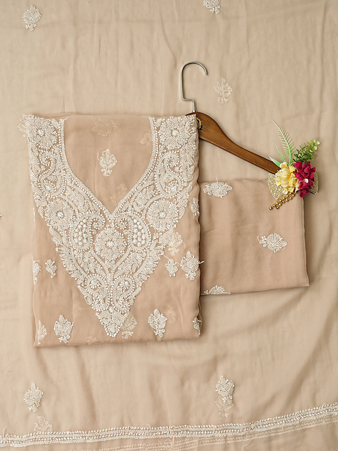Ada Hand Embroidered Sand Fawn Georgette Lucknowi Chikankari Unstitched Suit Piece 01A866792