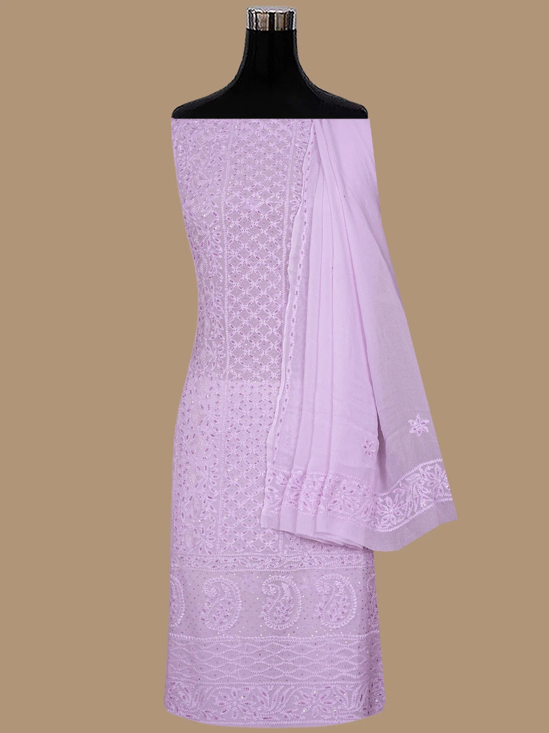 Ada Hand Embroidered Light Lavender Viscose Georgette Lucknowi Chikankari Unstitched Kurta Dupatta Set With Cutdana Work 01A795097