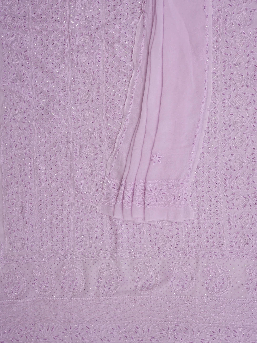 Ada Hand Embroidered Light Lavender Viscose Georgette Lucknowi Chikankari Unstitched Kurta Dupatta Set With Cutdana Work 01A795097