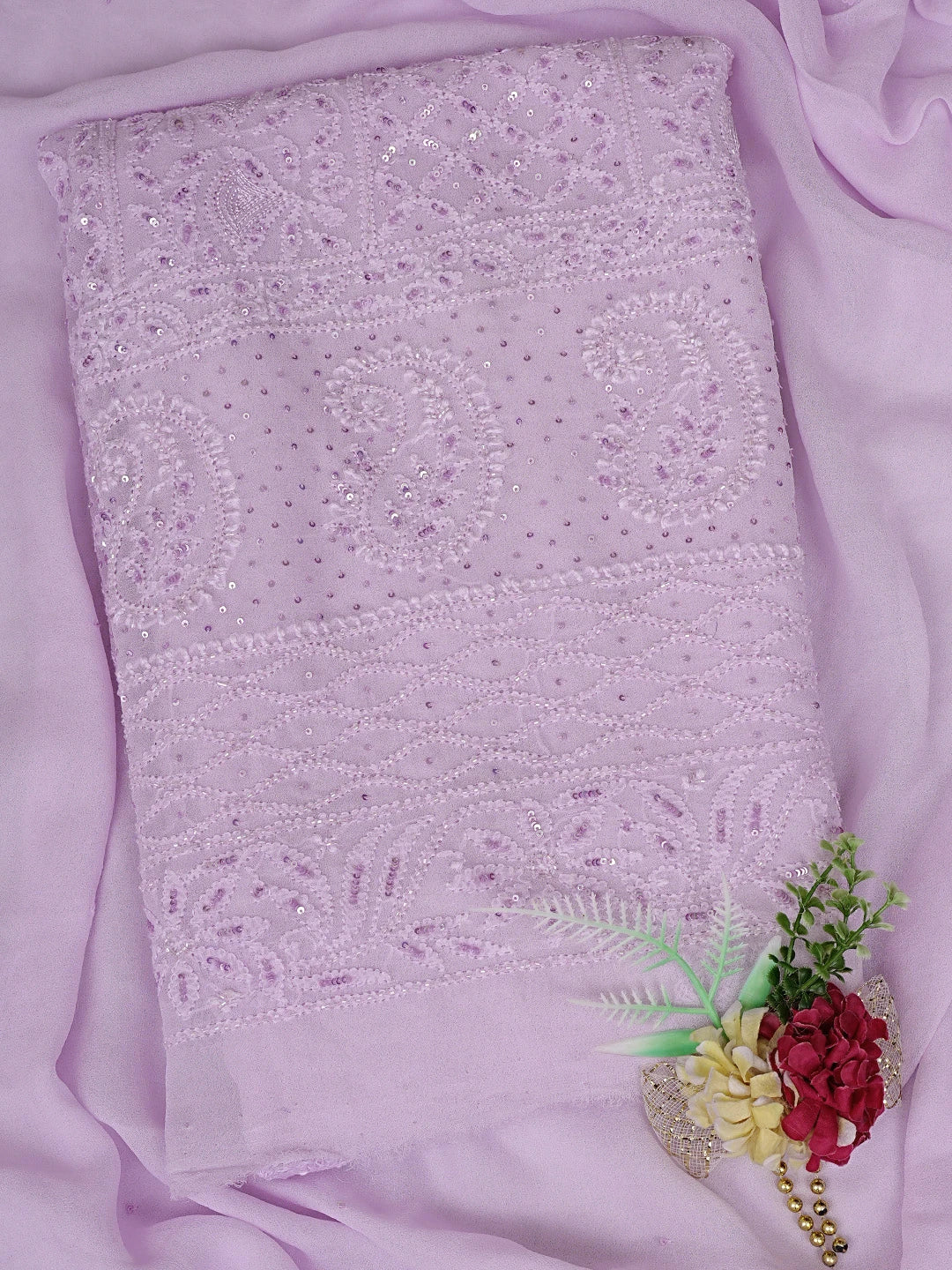 Ada Hand Embroidered Light Lavender Viscose Georgette Lucknowi Chikankari Unstitched Kurta Dupatta Set With Cutdana Work 01A795097