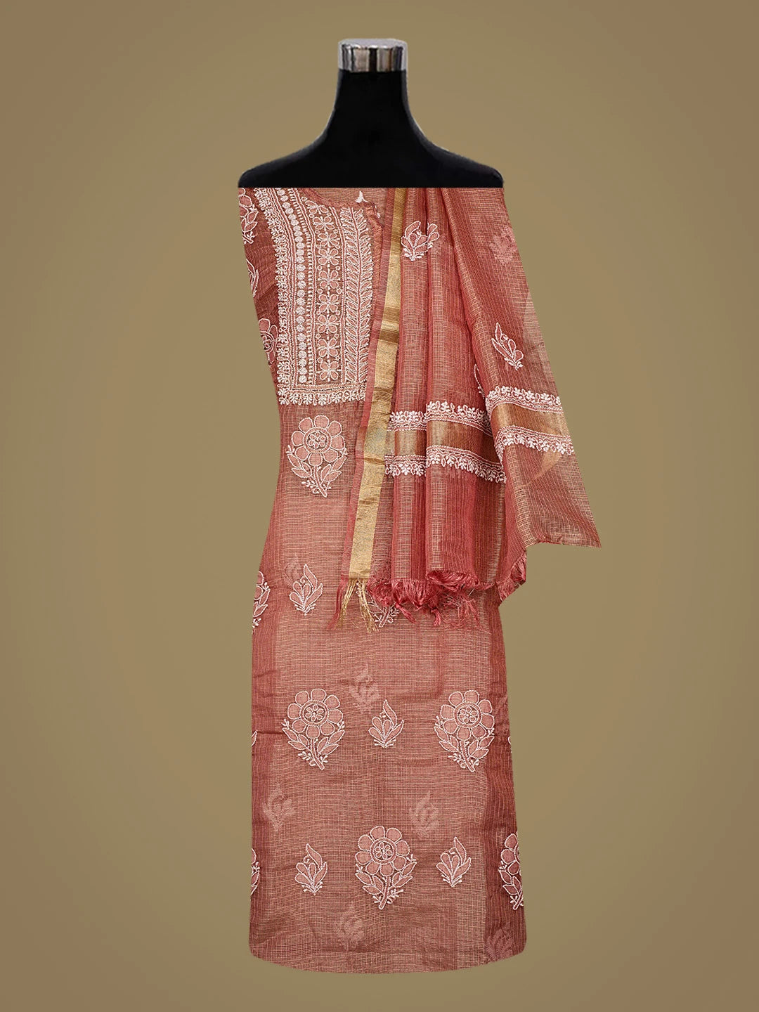 Ada Hand Embroidered Onion Pink Tissue Lucknowi Chikankari Semi-stitched Kurta Dupatta Set 01A784672