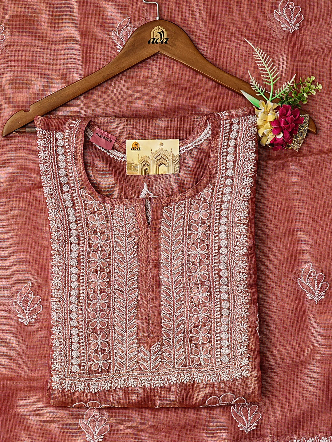 Ada Hand Embroidered Onion Pink Tissue Lucknowi Chikankari Semi-stitched Kurta Dupatta Set 01A784672