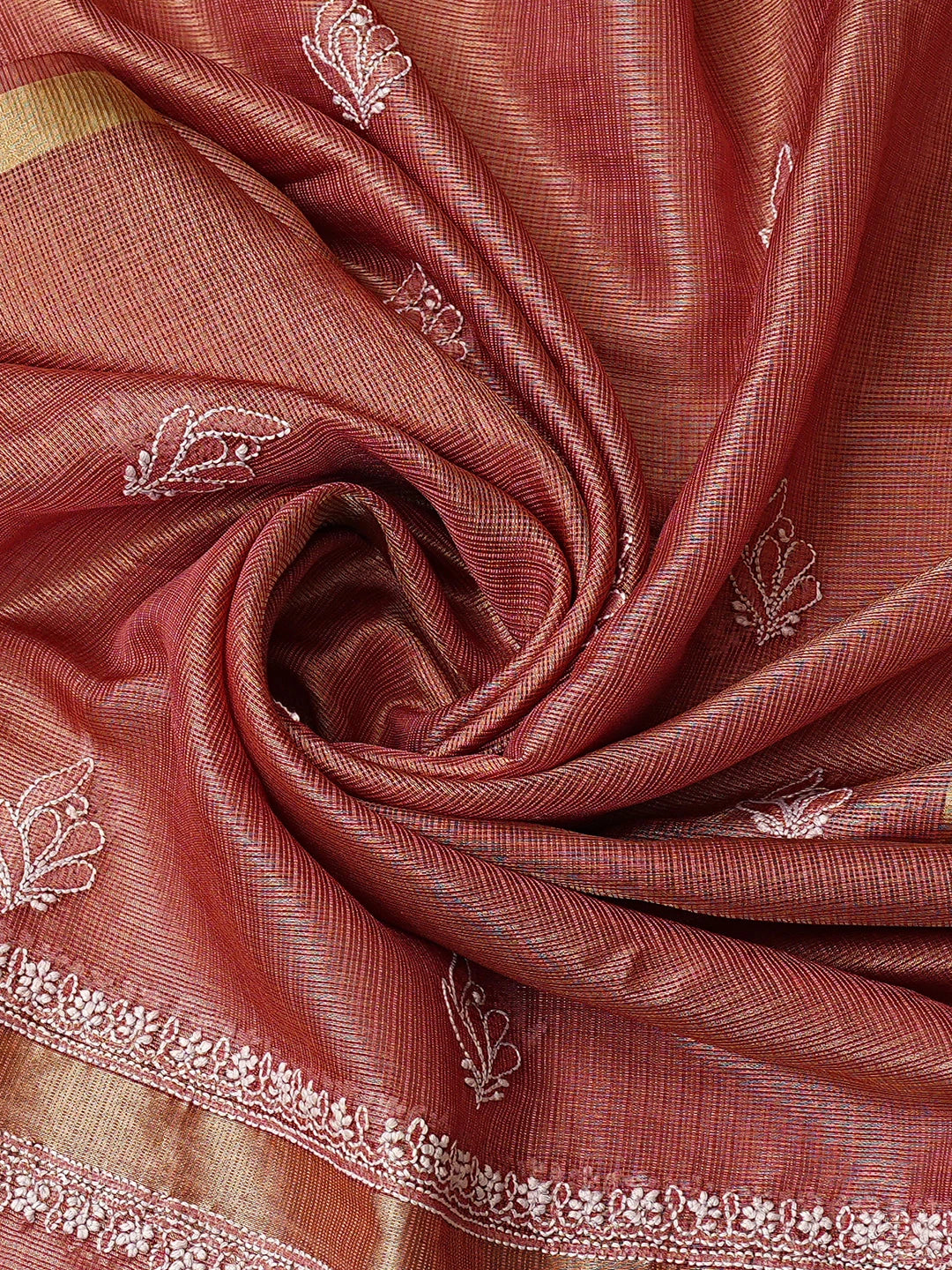 Ada Hand Embroidered Onion Pink Tissue Lucknowi Chikankari Semi-stitched Kurta Dupatta Set 01A784672