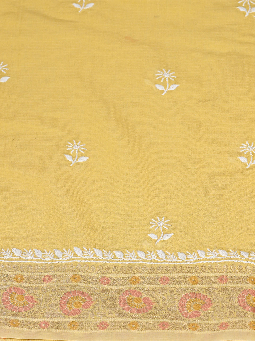 Ada Hand Embroidered Yellow Chanderi Lucknowi Chikankari Unstitched Kurta Dupatta Set 01A831040