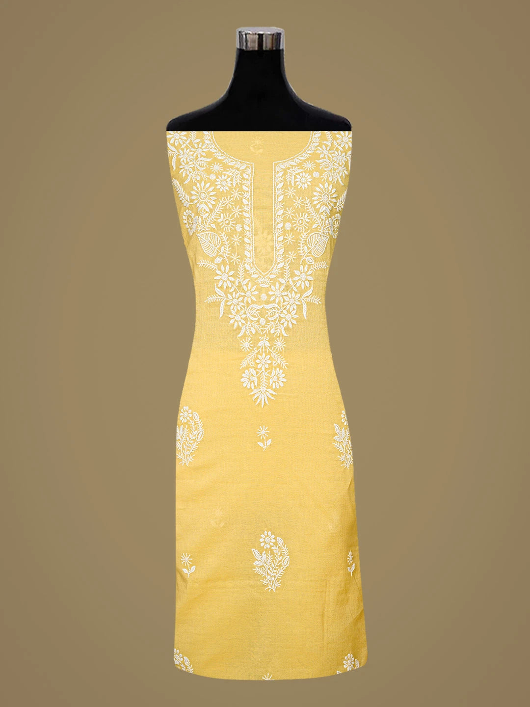 Ada Hand Embroidered Yellow Chanderi Lucknowi Chikankari Unstitched Kurta Dupatta Set 01A831040