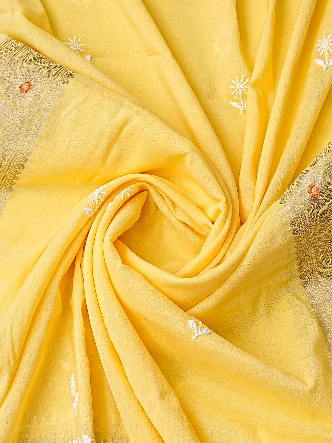Ada Hand Embroidered Yellow Chanderi Lucknowi Chikankari Unstitched Kurta Dupatta Set 01A831040
