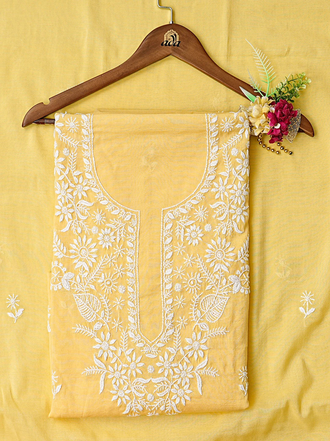 Ada Hand Embroidered Yellow Chanderi Lucknowi Chikankari Unstitched Kurta Dupatta Set 01A831040