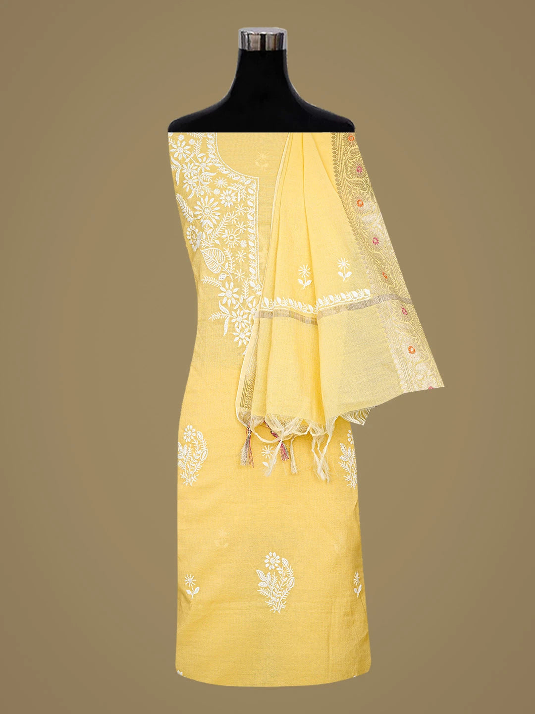 Ada Hand Embroidered Yellow Chanderi Lucknowi Chikankari Unstitched Kurta Dupatta Set 01A831040