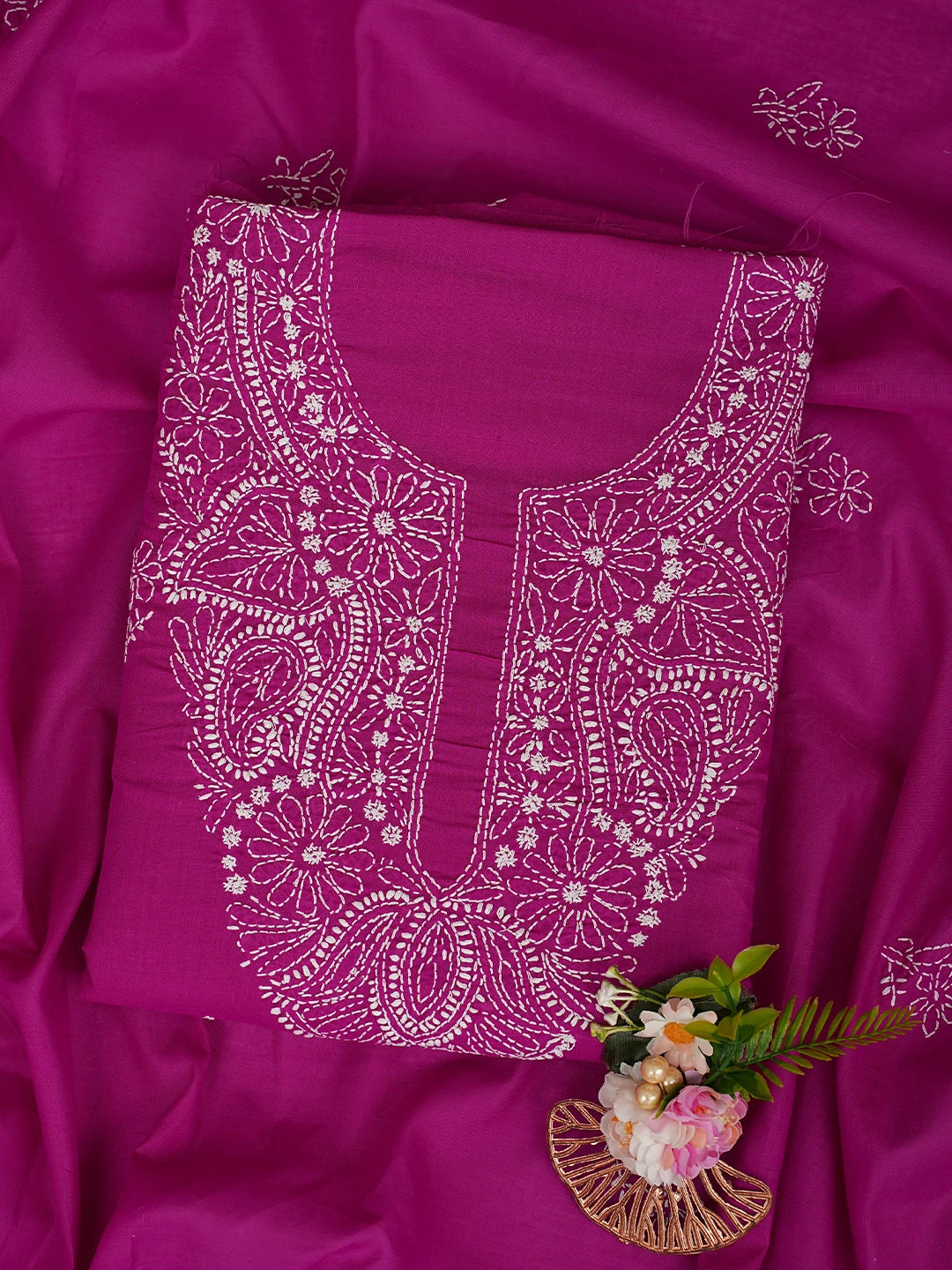 Ada Hand Embroidered Magenta Cotton Lucknowi Chikankari Unstitched Suit Piece 01A867061