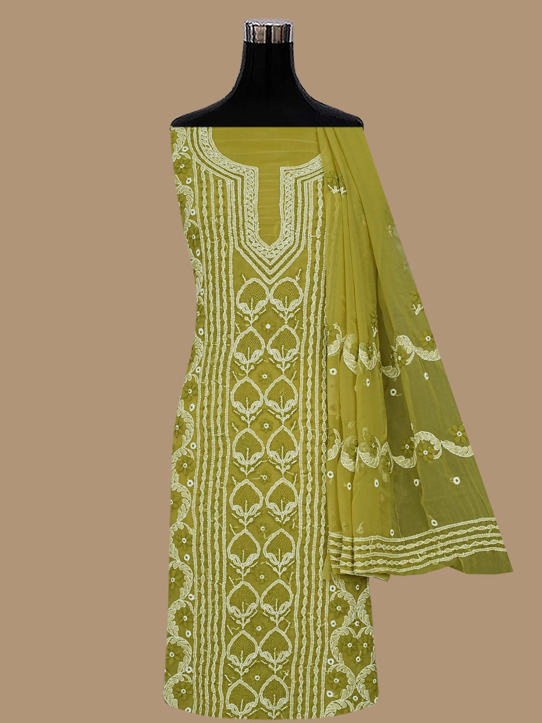 Ada Hand Embroidered Mehandi Green Georgette Lucknowi Chikankari Unstitched Suit Piece 01A867507
