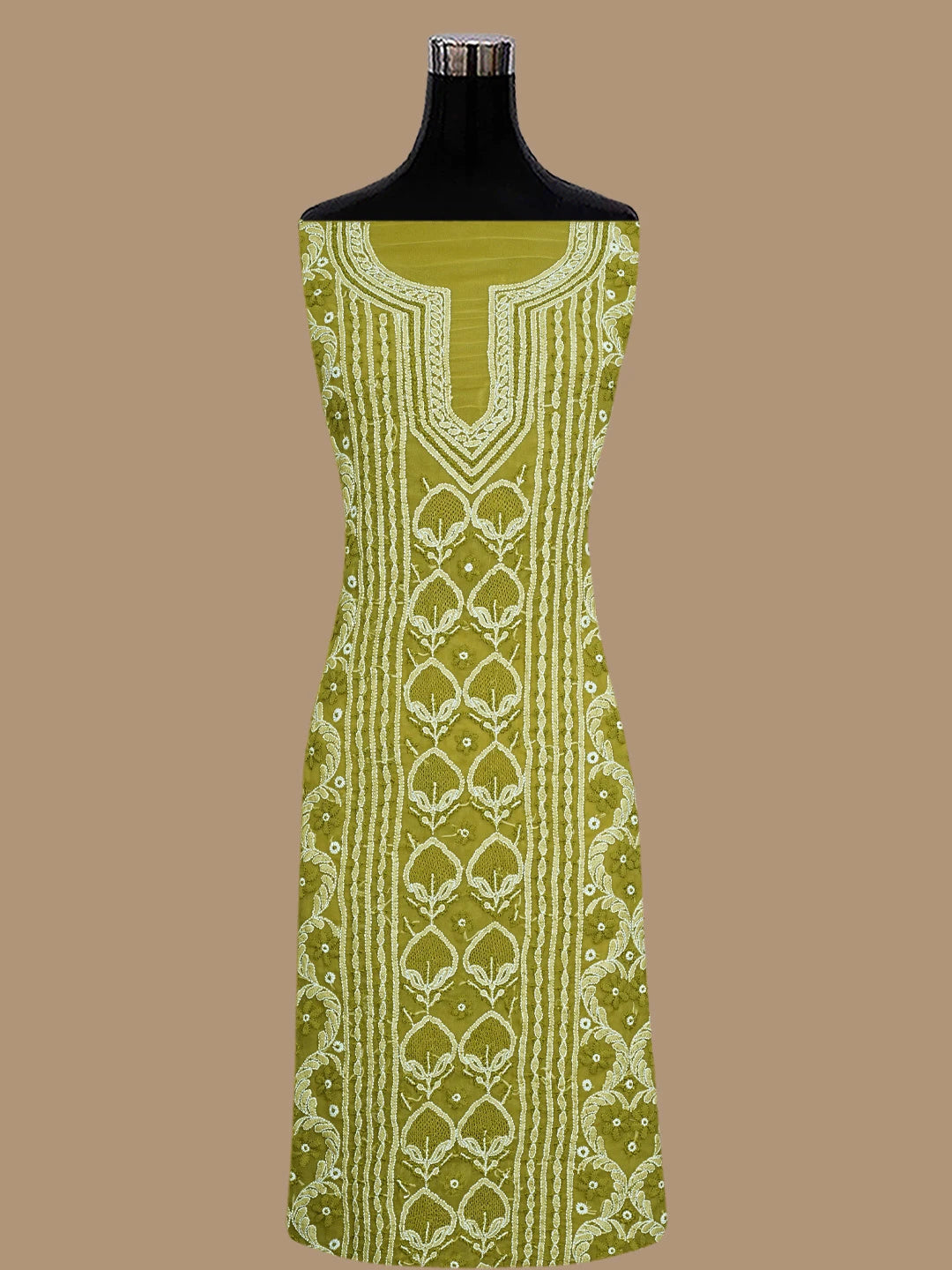 Ada Hand Embroidered Mehandi Green Georgette Lucknowi Chikankari Unstitched Suit Piece 01A867507