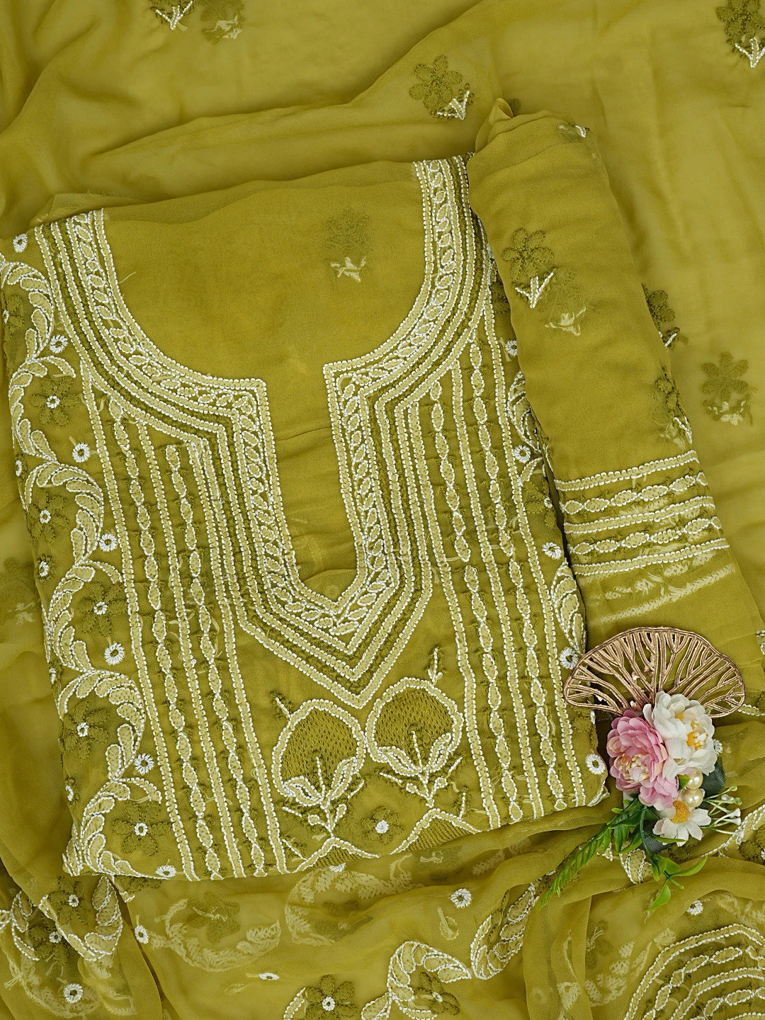 Ada Hand Embroidered Mehandi Green Georgette Lucknowi Chikankari Unstitched Suit Piece 01A867507