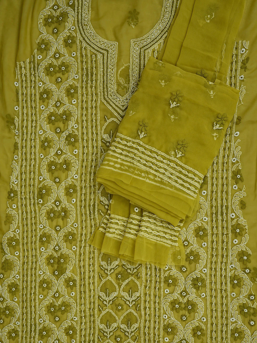Ada Hand Embroidered Mehandi Green Georgette Lucknowi Chikankari Unstitched Suit Piece 01A867507