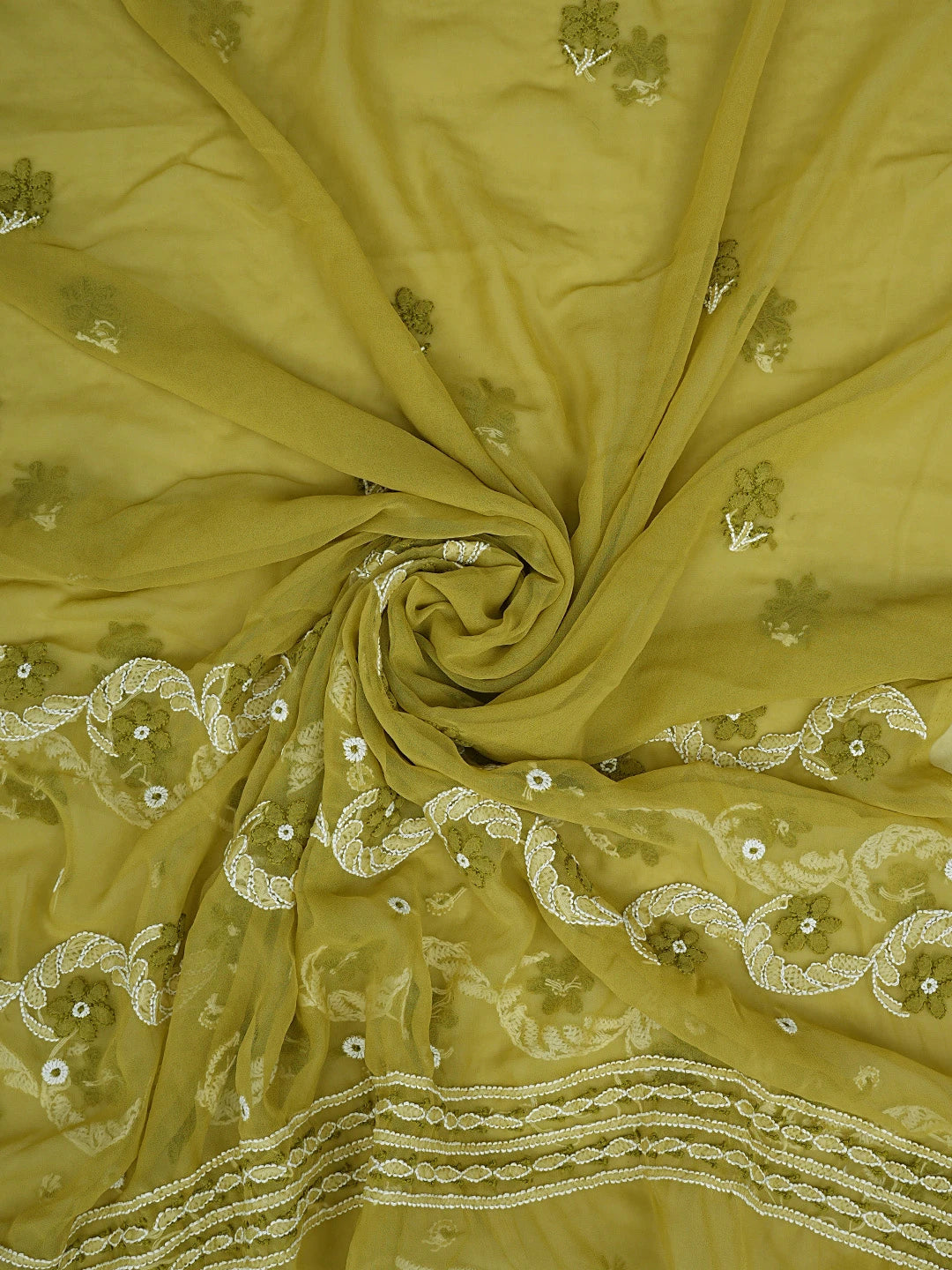 Ada Hand Embroidered Mehandi Green Georgette Lucknowi Chikankari Unstitched Suit Piece 01A867507