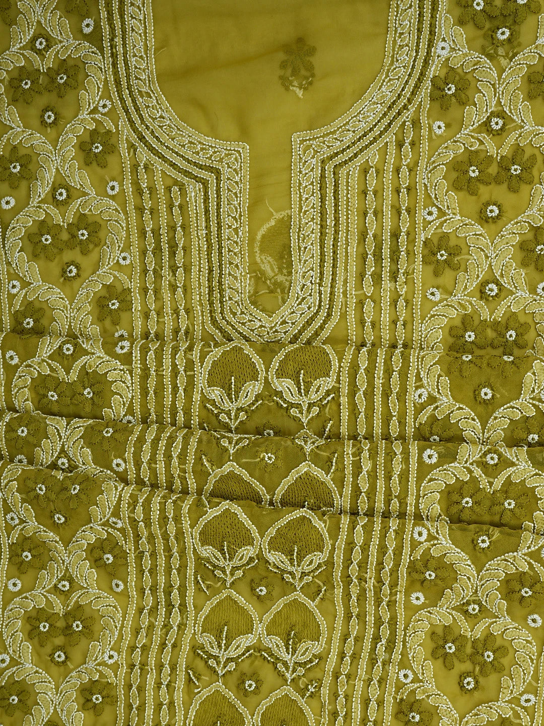 Ada Hand Embroidered Mehandi Green Georgette Lucknowi Chikankari Unstitched Suit Piece 01A867507