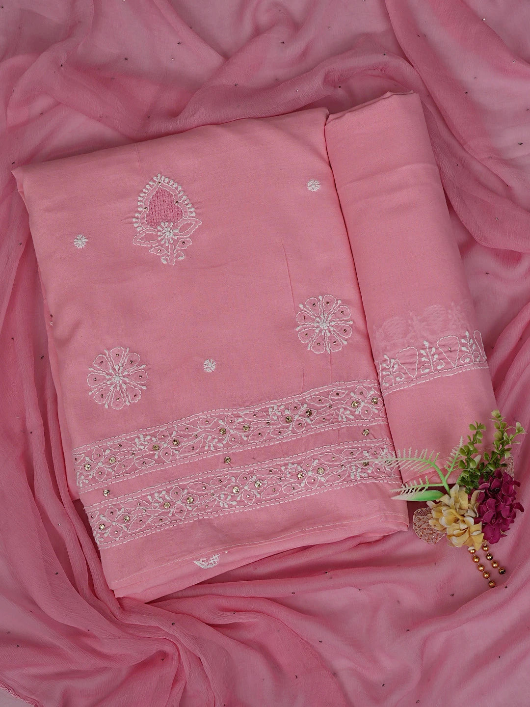 Ada Hand Embroidered Peach Cotton Lucknowi Chikankari Unstitched Suit Piece With Mukaish Work 01A247662