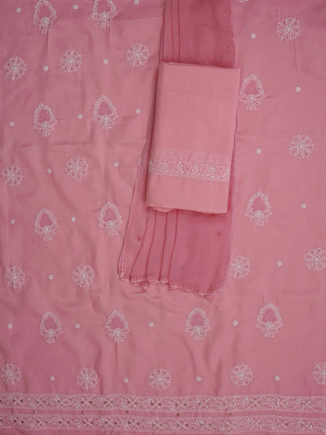 Ada Hand Embroidered Peach Cotton Lucknowi Chikankari Unstitched Suit Piece With Mukaish Work 01A247662