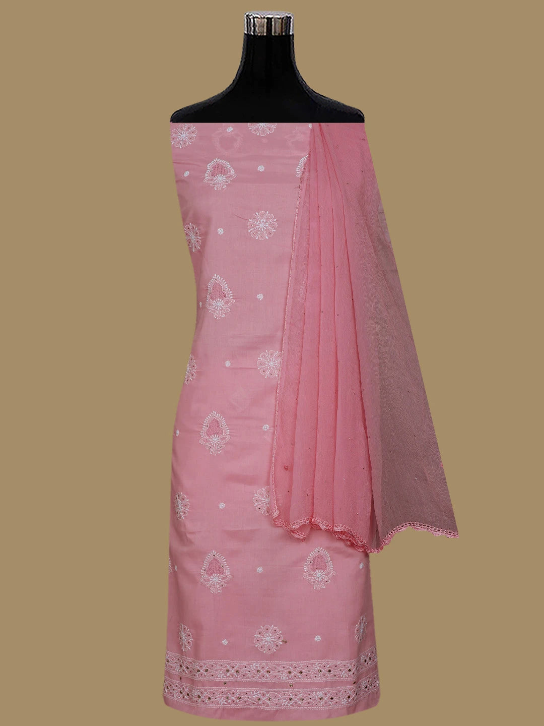 Ada Hand Embroidered Peach Cotton Lucknowi Chikankari Unstitched Suit Piece With Mukaish Work 01A247662