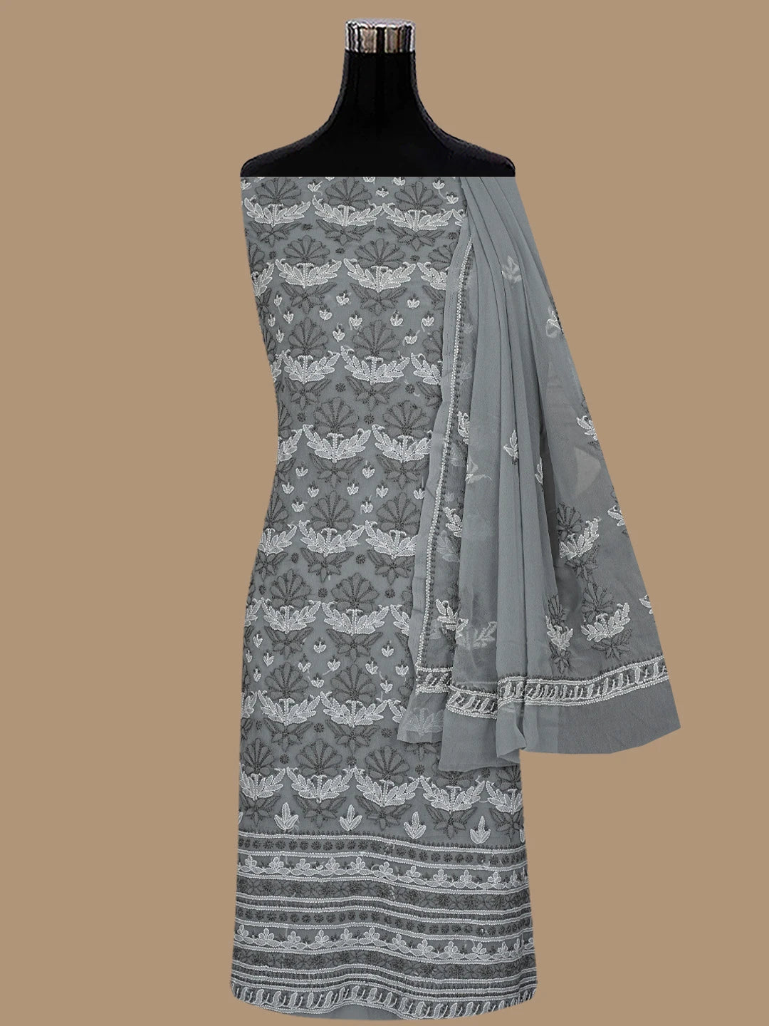 Ada Hand Embroidered Grey Georgette Lucknowi Chikankari Unstitched Suit Piece 01A867521