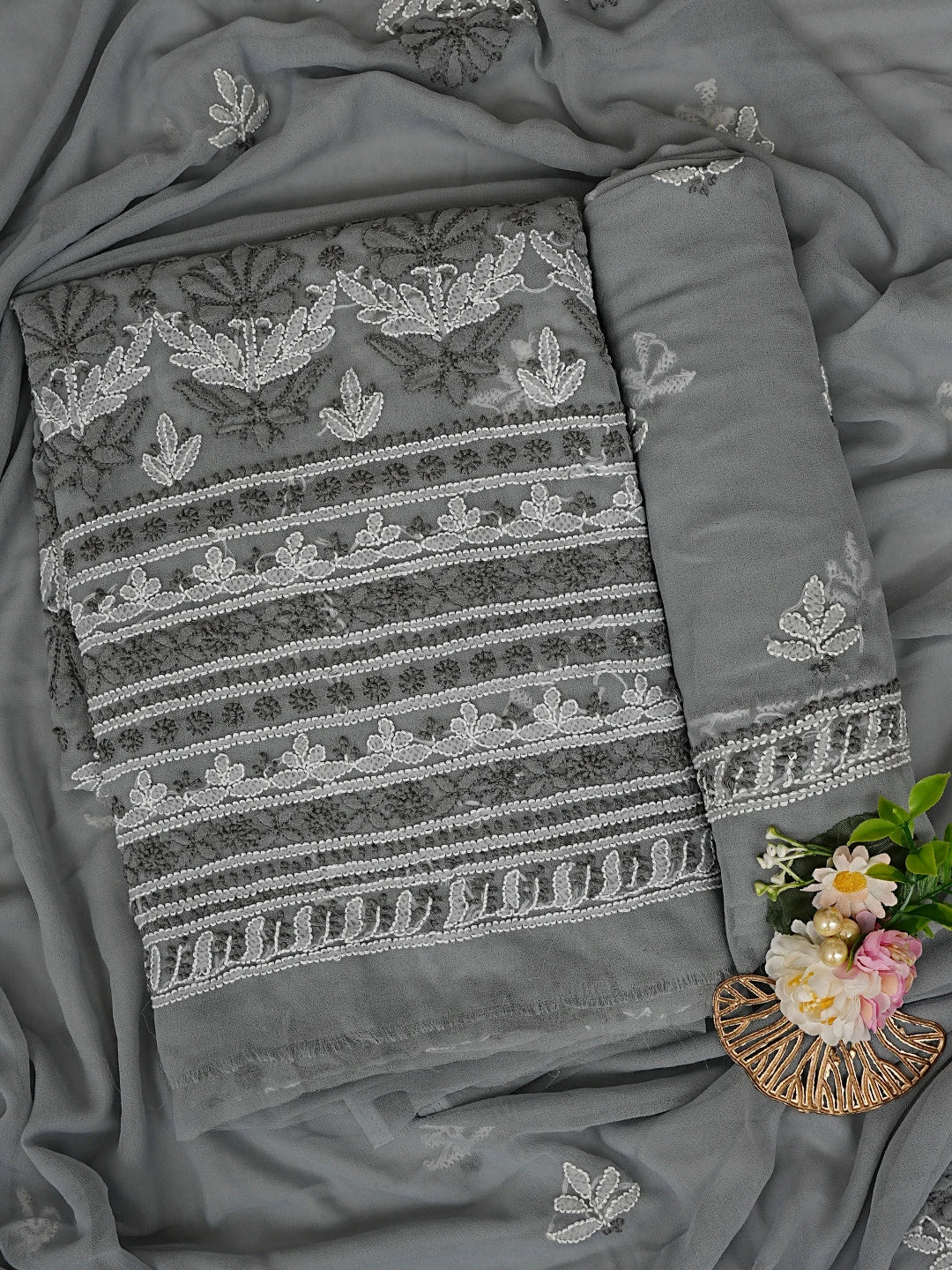 Ada Hand Embroidered Grey Georgette Lucknowi Chikankari Unstitched Suit Piece 01A867521